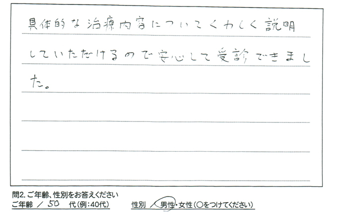 治療内容について詳しく説明して頂けるので安心して受診できました。