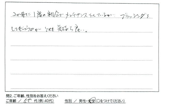 二ヶ月に一度の割合でメンテナンスをしているが、ブラッシングをしてもらうのがとても気持ち良い